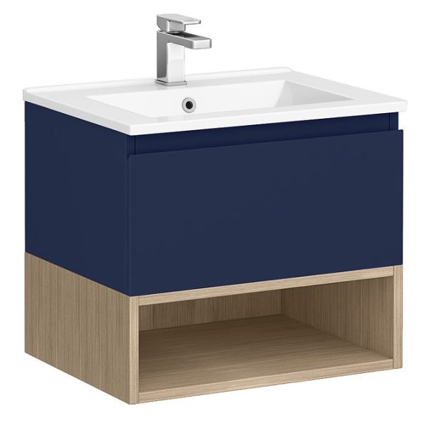 Tivoli 600 Wall Hung Vanity Unit with Open Shelf   Ink Blue and Oak - Image 2