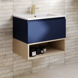 Tivoli 600 Wall Hung Vanity Unit with Open Shelf   Ink Blue and Oak