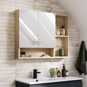 Tivoli 900 Mirrored 2 Door Cabinet with Open Shelving   Oak