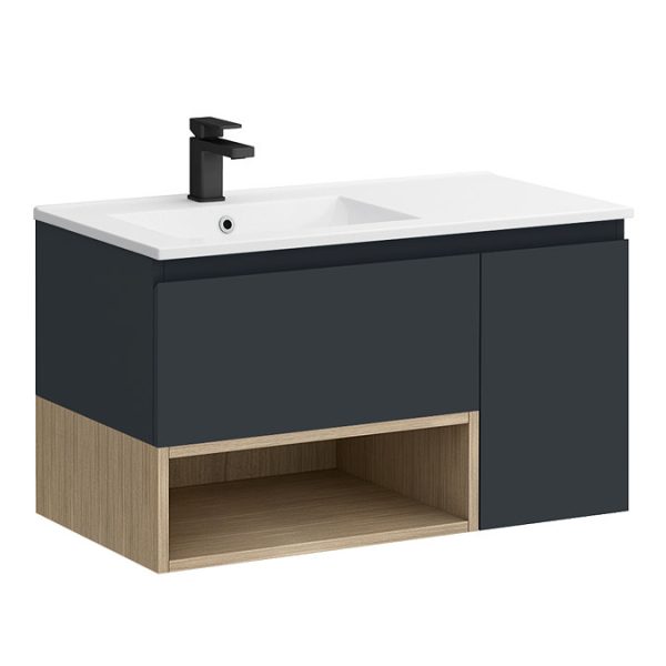 Tivoli 900 Wall Hung Vanity Unit with Open Shelf   Charcoal and Oak - Image 7
