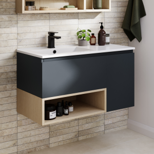 Tivoli 900 Wall Hung Vanity Unit with Open Shelf   Charcoal and Oak