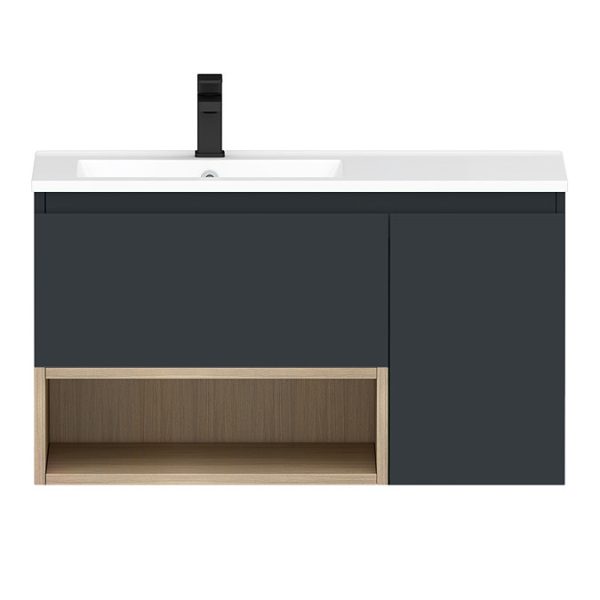 Tivoli 900 Wall Hung Vanity Unit with Open Shelf   Charcoal and Oak - Image 4