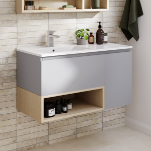 Tivoli 900 Wall Hung Vanity Unit with Open Shelf   Dove Grey and Oak