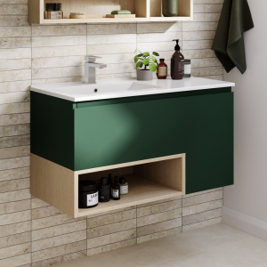 Tivoli 900 Wall Hung Vanity Unit with Open Shelf   Forest Green and Oak