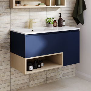 Tivoli 900 Wall Hung Vanity Unit with Open Shelf   Ink Blue and Oak