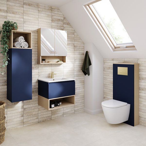 Tivoli 600 Wall Hung Vanity Unit with Open Shelf   Ink Blue and Oak - Image 7