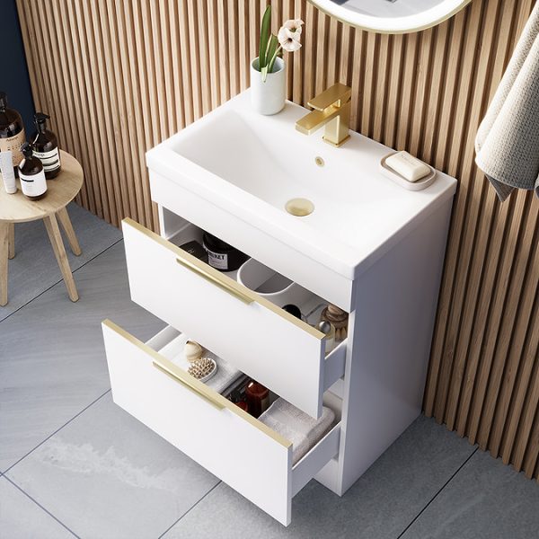 AquaSure Tribeca Waterproof PVC Vanity Unit Gloss White   600mm with Brushed Brass Handles - Image 7