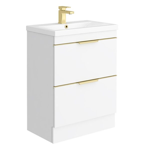 AquaSure Tribeca Waterproof PVC Vanity Unit Gloss White   600mm with Brushed Brass Handles - Image 6