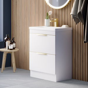 AquaSure Tribeca Waterproof PVC Vanity Unit Gloss White   600mm with Brushed Brass Handles