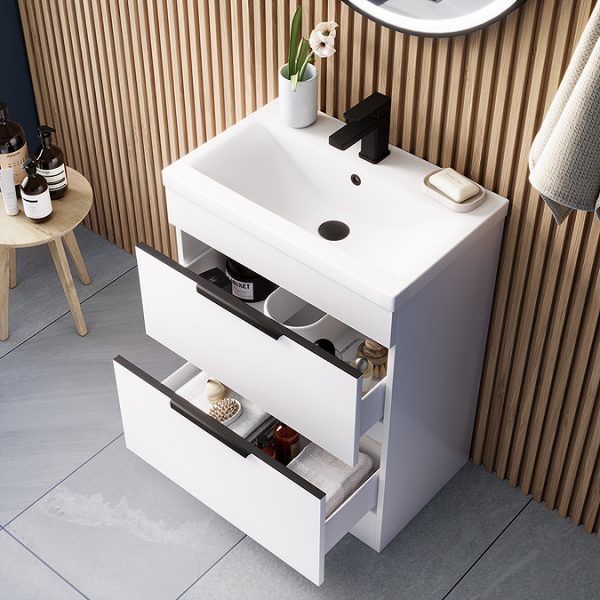 AquaSure Tribeca Waterproof PVC Vanity Unit Gloss White   600mm with Matt Black Handles - Image 7