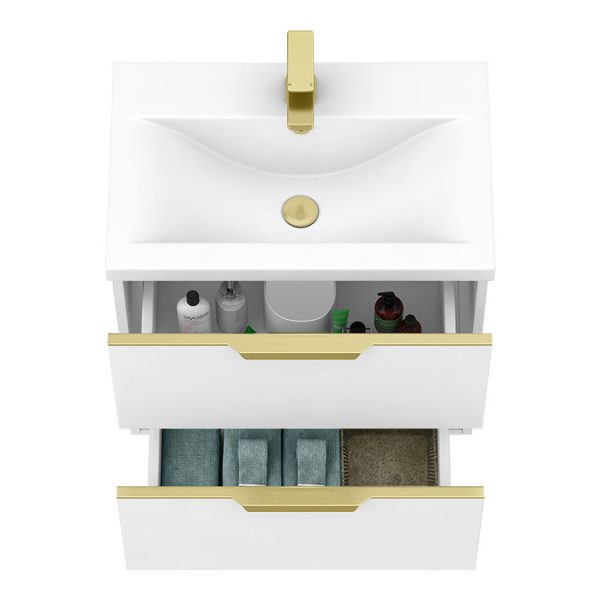 AquaSure Tribeca Waterproof PVC Wall Hung Vanity Unit Gloss White   600mm with Brushed Brass Handles - Image 5