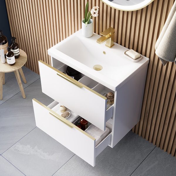 AquaSure Tribeca Waterproof PVC Wall Hung Vanity Unit Gloss White   600mm with Brushed Brass Handles - Image 7