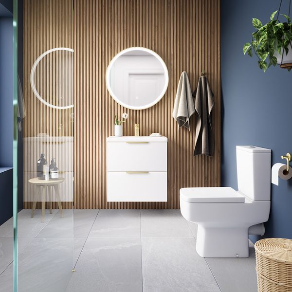 AquaSure Tribeca Waterproof PVC Wall Hung Vanity Unit Gloss White   600mm with Brushed Brass Handles - Image 2
