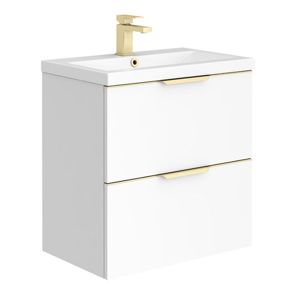 AquaSure Tribeca Waterproof PVC Wall Hung Vanity Unit Gloss White   600mm with Brushed Brass Handles - Image 6