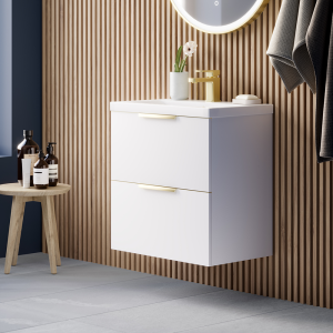 AquaSure Tribeca Waterproof PVC Wall Hung Vanity Unit Gloss White   600mm with Brushed Brass Handles