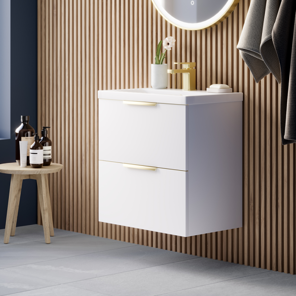 AquaSure Tribeca Waterproof PVC Wall Hung Vanity Unit Gloss White   600mm with Brushed Brass Handles