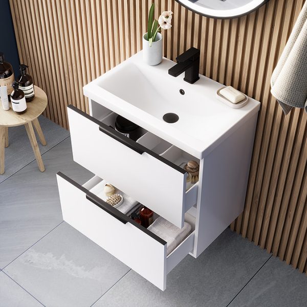 AquaSure Tribeca Waterproof PVC Wall Hung Vanity Unit Gloss White   600mm with Matt Black Handles - Image 7