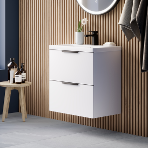 AquaSure Tribeca Waterproof PVC Wall Hung Vanity Unit Gloss White   600mm with Matt Black Handles