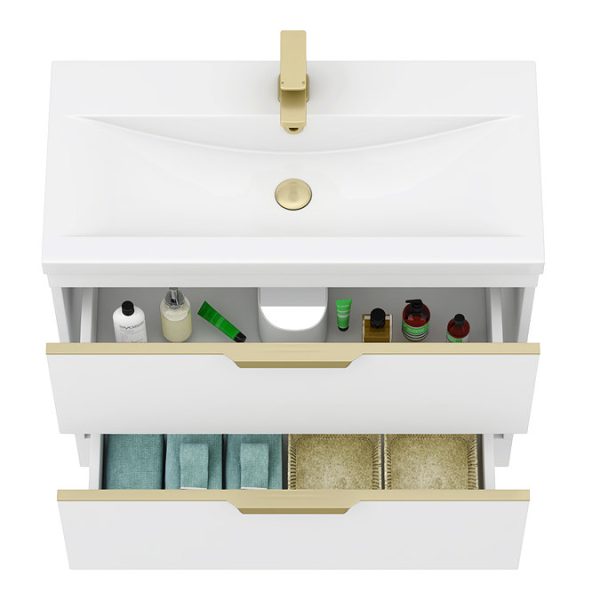 AquaSure Tribeca Waterproof PVC Vanity Unit Gloss White   800mm with Brushed Brass Handles - Image 2
