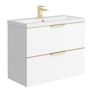 AquaSure Tribeca Waterproof PVC Wall Hung Vanity Unit Gloss White   800mm with Brushed Brass Handles