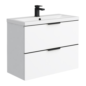 AquaSure Tribeca Waterproof PVC Wall Hung Vanity Unit Gloss White   800mm with Matt Black Handles