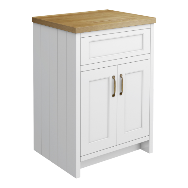 Chatsworth 610mm Traditional White Countertop Vanity with Beech Worktop & Antique Brass Handles