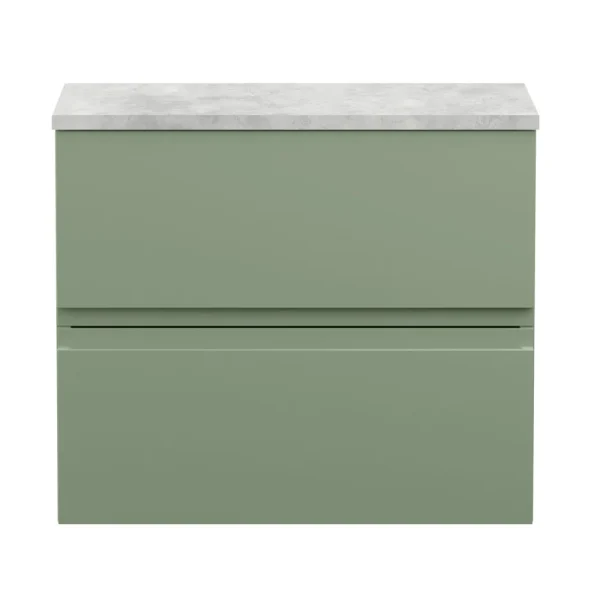 Hudson Reed Urban 600mm Satin Green Vanity Unit   Wall Hung 2 Drawer Unit with Grey Worktop
