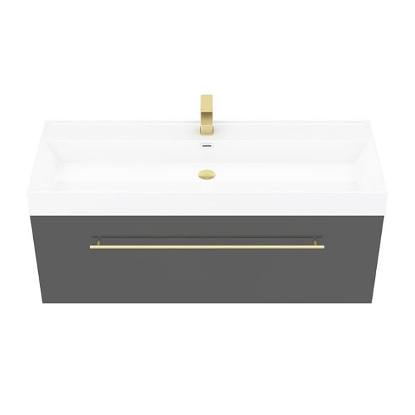 Valencia 1200 Gloss Grey Minimalist Wall Hung Vanity Unit with Brass Handle - Image 2