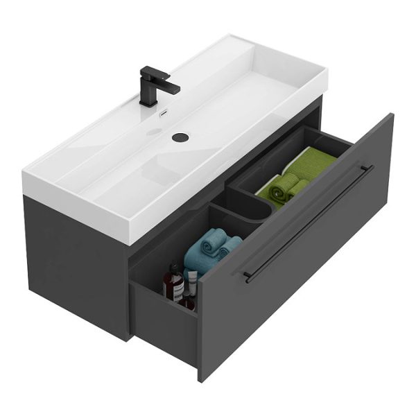 Valencia 1200 Gloss Grey Minimalist Wall Hung Vanity Unit with Matt Black Handle - Image 4