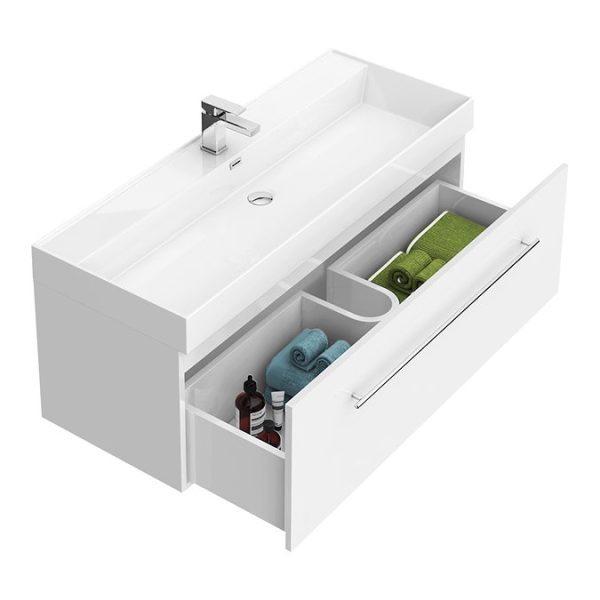 Valencia 1200 Gloss White Minimalist Wall Hung Vanity Unit with Chrome Handle - Image 2