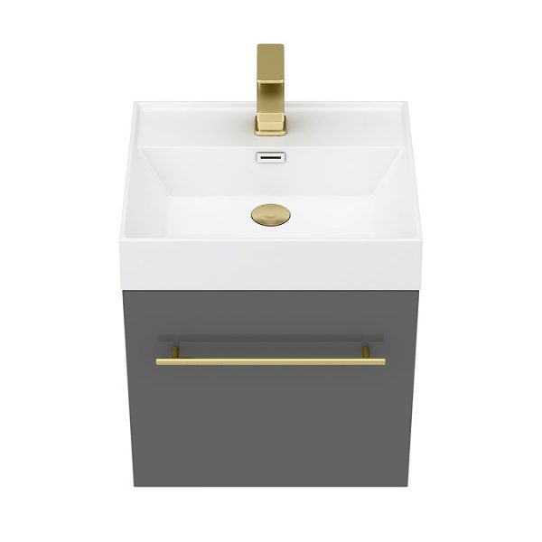 Valencia 450 Gloss Grey Minimalist Wall Hung Vanity Unit with Brass Handle - Image 4