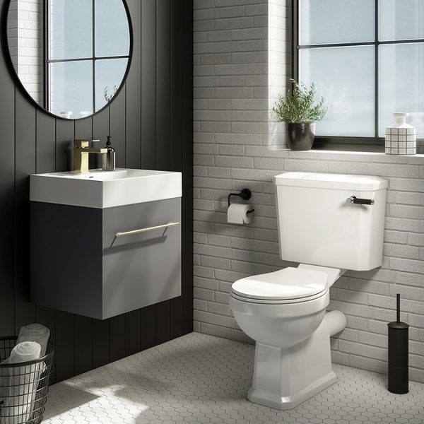 Valencia 450 Gloss Grey Minimalist Wall Hung Vanity Unit with Brass Handle - Image 3