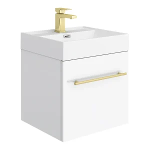 Valencia 450 Gloss White Minimalist Wall Hung Vanity Unit with Brass Handle