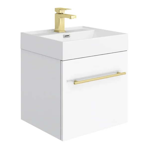 Valencia 450 Gloss White Minimalist Wall Hung Vanity Unit with Brass Handle