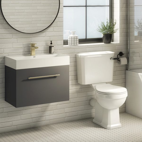 Valencia 600 Gloss Grey Minimalist Wall Hung Vanity Unit with Brass Handle - Image 5