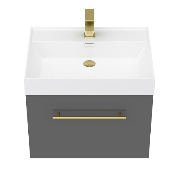 Valencia 600 Gloss Grey Minimalist Wall Hung Vanity Unit with Brass Handle - Image 2