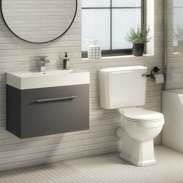 Valencia 600 Gloss Grey Minimalist Wall Hung Vanity Unit with Chrome Handle - Image 5