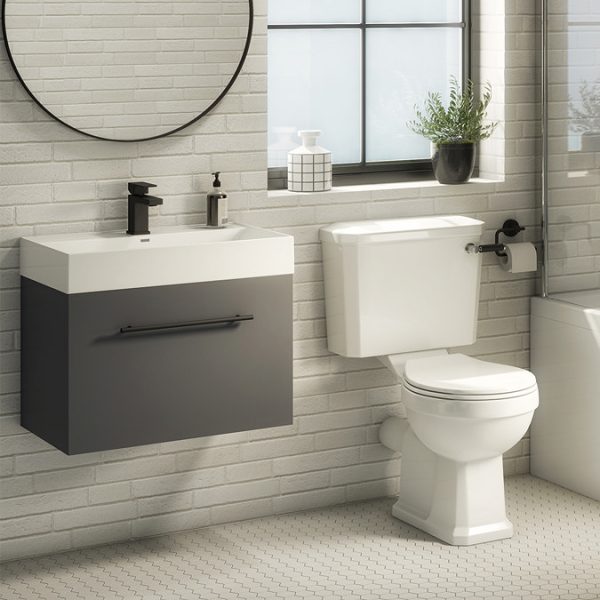 Valencia 600 Gloss Grey Minimalist Wall Hung Vanity Unit with Matt Black Handle - Image 5