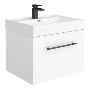 Valencia 600 Gloss White Minimalist Wall Hung Vanity Unit with Matt Black Handle