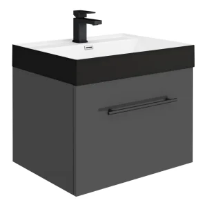 Valencia Wall Hung Vanity Unit   Gloss Grey   600mm with Black Handle and Basin