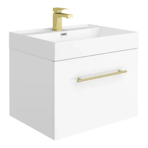 Valencia 600 Gloss White Minimalist Wall Hung Vanity Unit with Brass Handle
