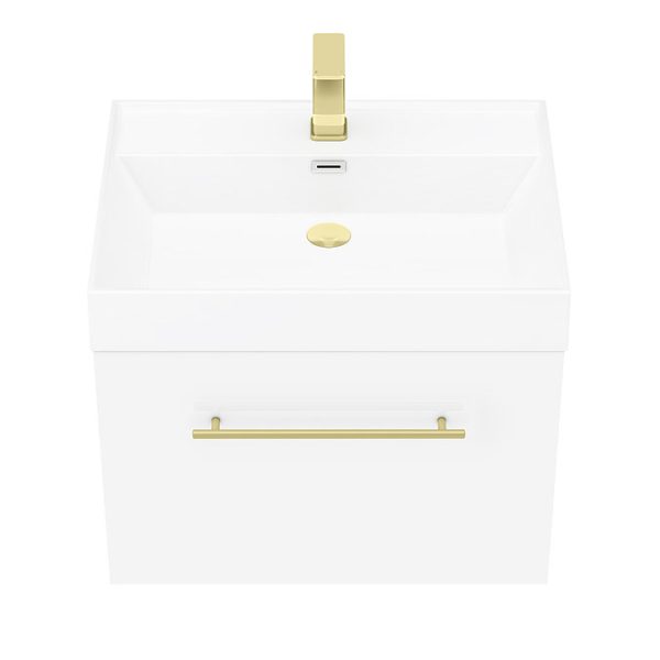 Valencia 600 Gloss White Minimalist Wall Hung Vanity Unit with Brass Handle - Image 2