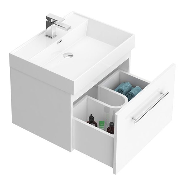 Valencia 600 Gloss White Minimalist Wall Hung Vanity Unit with Chrome Handle - Image 2