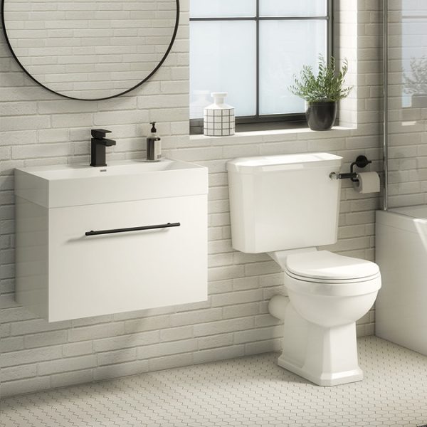 Valencia 600 Gloss White Minimalist Wall Hung Vanity Unit with Matt Black Handle - Image 5