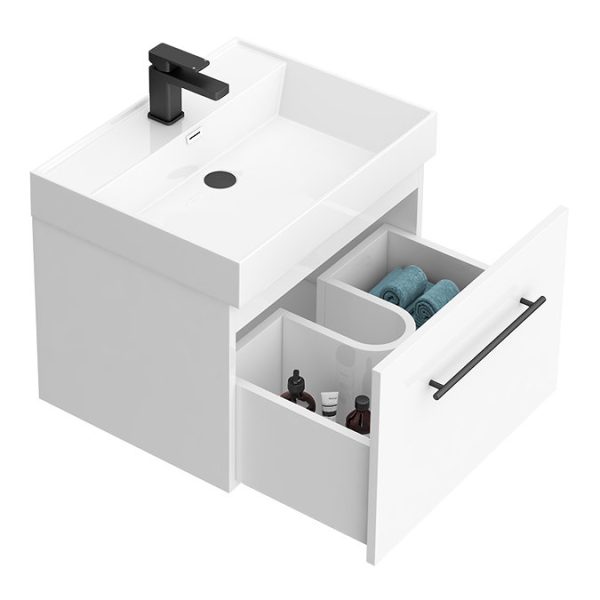 Valencia 600 Gloss White Minimalist Wall Hung Vanity Unit with Matt Black Handle - Image 2