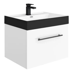 Valencia Wall Hung Vanity Unit   Gloss White   600mm with Black Handle and Basin