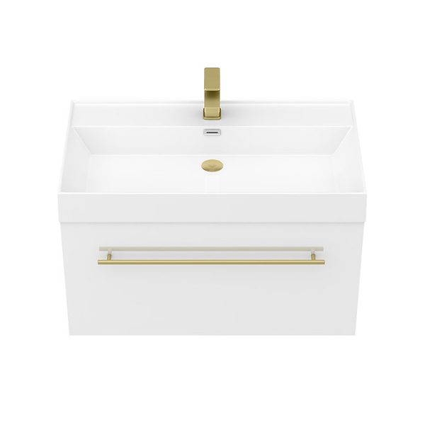 Valencia 800 Gloss White Minimalist Wall Hung Vanity Unit with Brass Handle - Image 2