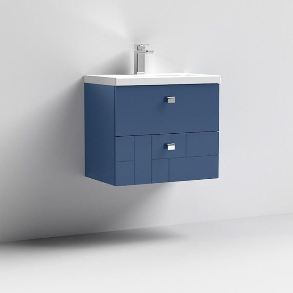 Venice Abstract 600mm Blue Vanity Unit   Wall Hung 2 Drawer Unit with Chrome Square Drop Handles - Image 5