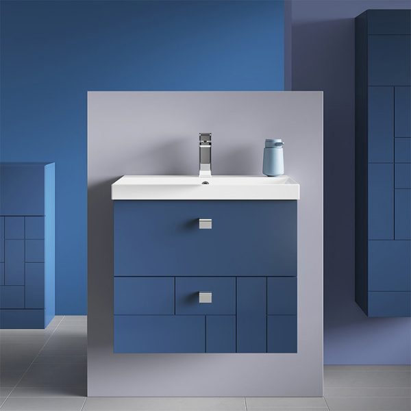 Venice Abstract 600mm Blue Vanity Unit   Wall Hung 2 Drawer Unit with Chrome Square Drop Handles - Image 7
