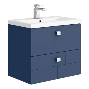 Venice Abstract 600mm Blue Vanity Unit   Wall Hung 2 Drawer Unit with Chrome Square Drop Handles